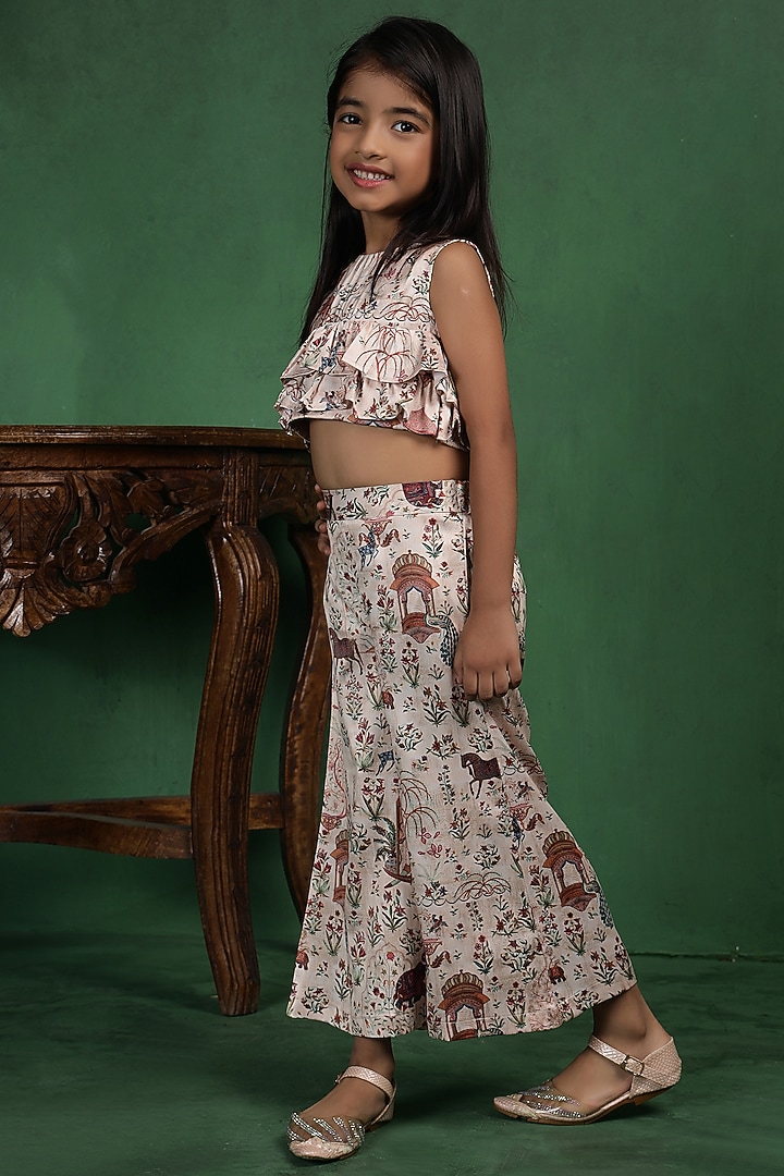 Beige Modal Satin Printed Co-Ord Set For Girls by Tiny Town Studio at Pernia's Pop Up Shop