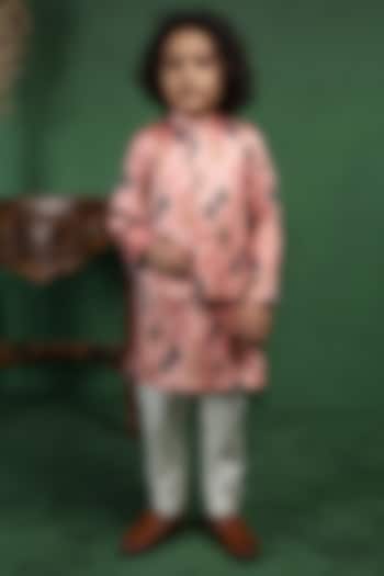 Pink Modal Satin Printed Nehru Jacket Set For Boys by Tiny Town Studio at Pernia's Pop Up Shop