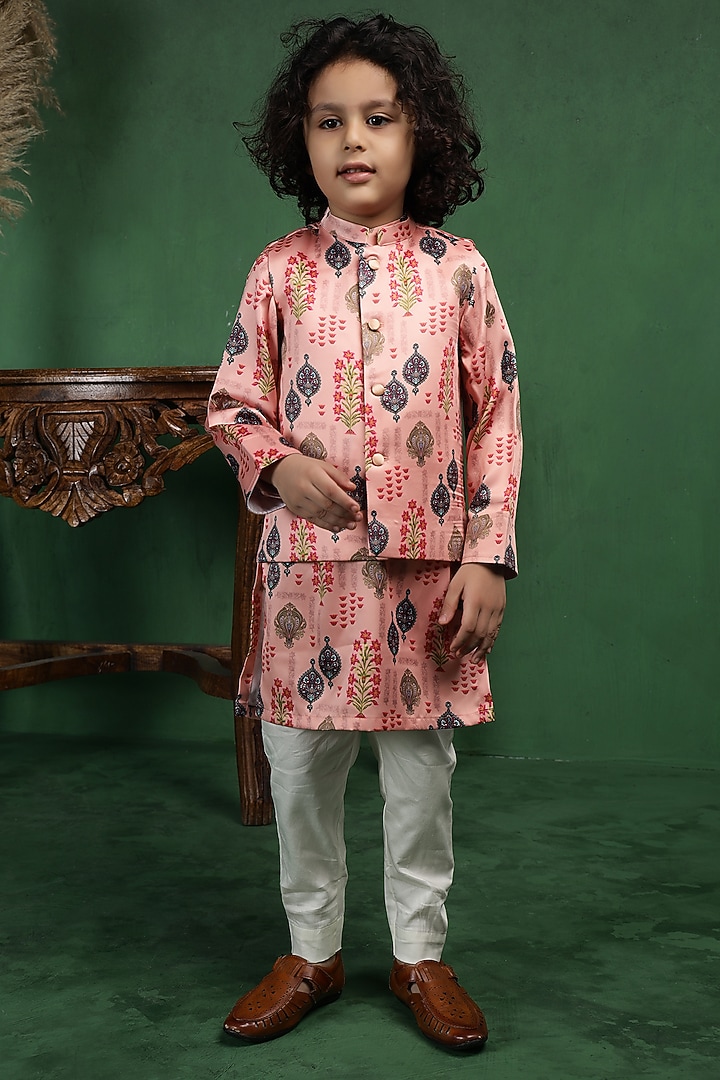 Pink Modal Satin Printed Nehru Jacket Set For Boys by Tiny Town Studio at Pernia's Pop Up Shop
