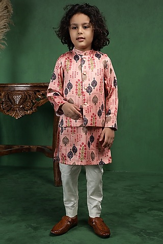 Pink Modal Satin Printed Nehru Jacket Set For Boys by Tiny Town Studio