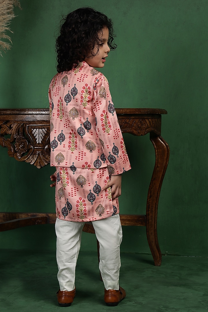 Pink Modal Satin Printed Nehru Jacket Set For Boys by Tiny Town Studio at Pernia's Pop Up Shop