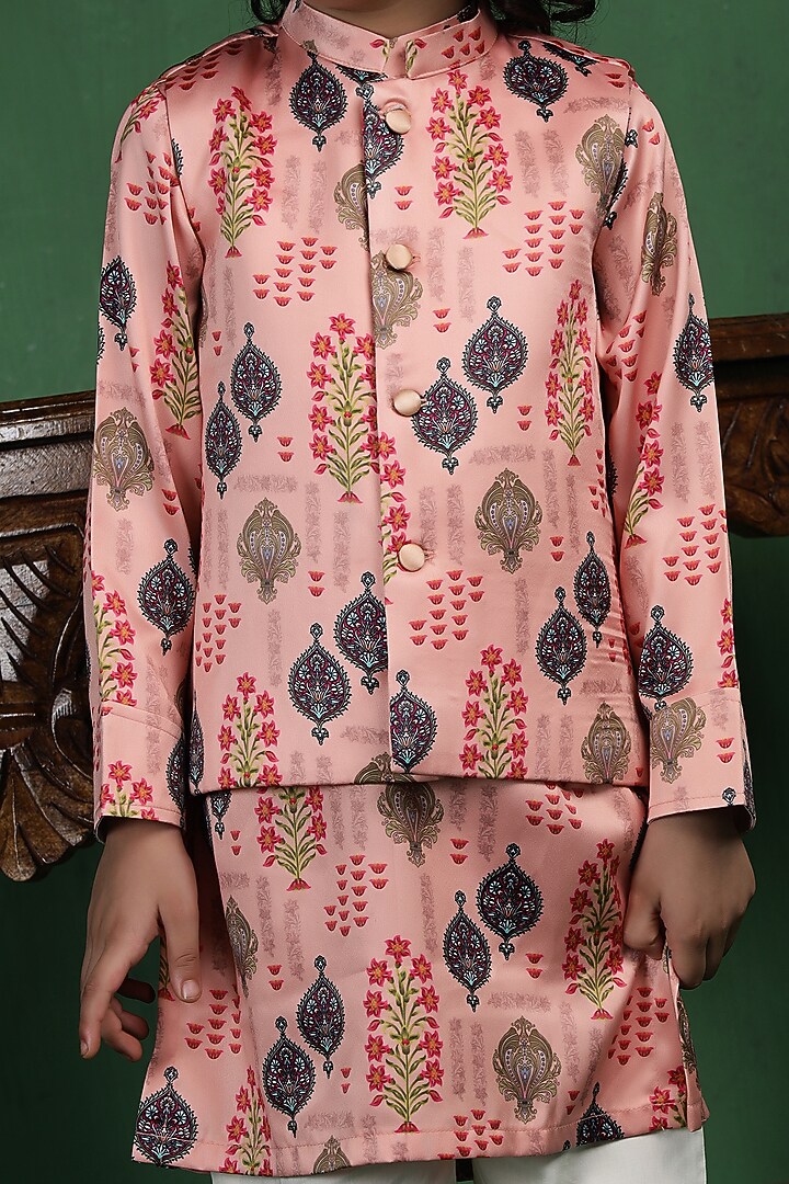 Pink Modal Satin Printed Nehru Jacket Set For Boys by Tiny Town Studio at Pernia's Pop Up Shop