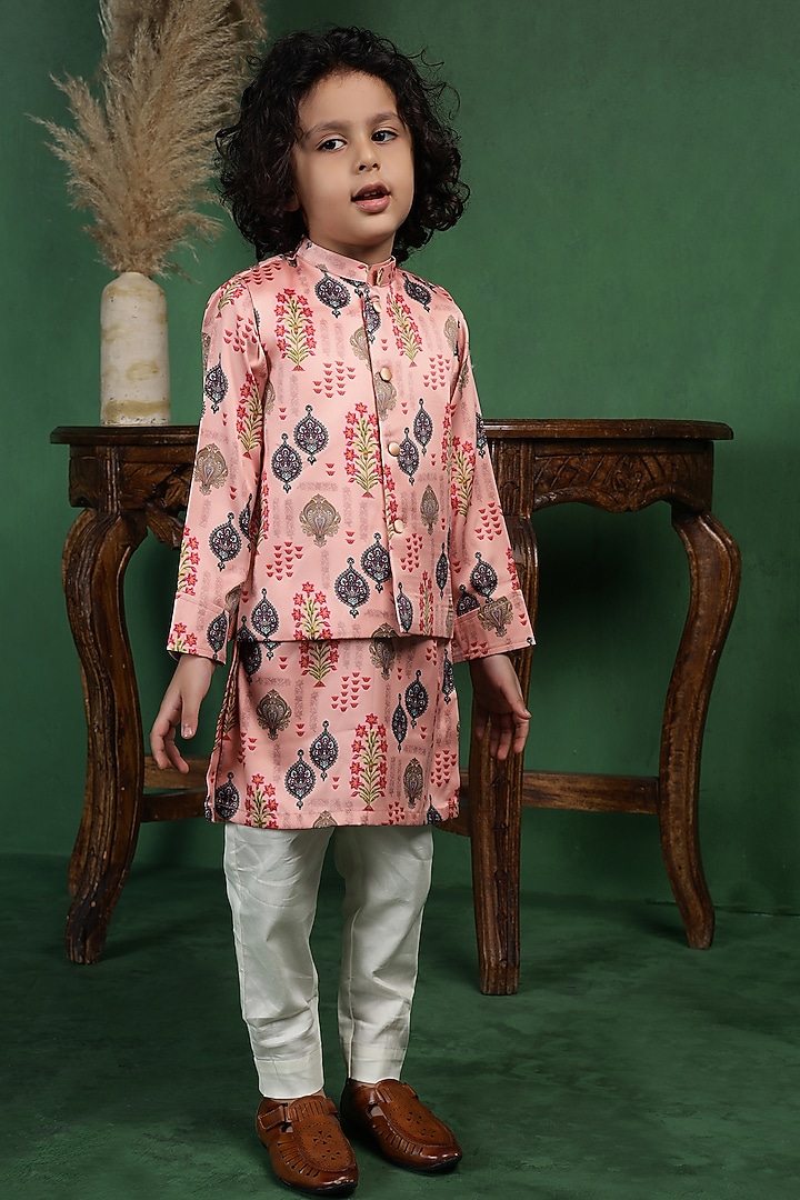 Pink Modal Satin Printed Nehru Jacket Set For Boys by Tiny Town Studio at Pernia's Pop Up Shop