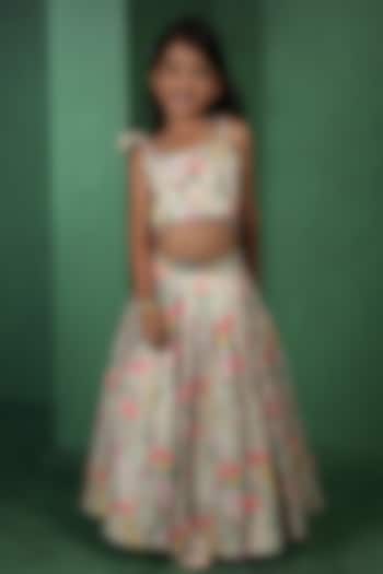 Green Modal Satin Printed Lehenga Set For Girls by Tiny Town Studio at Pernia's Pop Up Shop