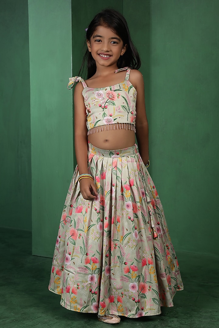 Green Modal Satin Printed Lehenga Set For Girls by Tiny Town Studio at Pernia's Pop Up Shop