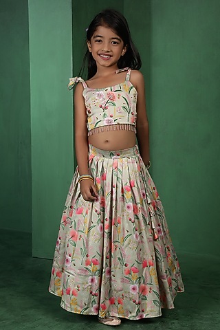 Green Modal Satin Printed Lehenga Set For Girls by Tiny Town Studio
