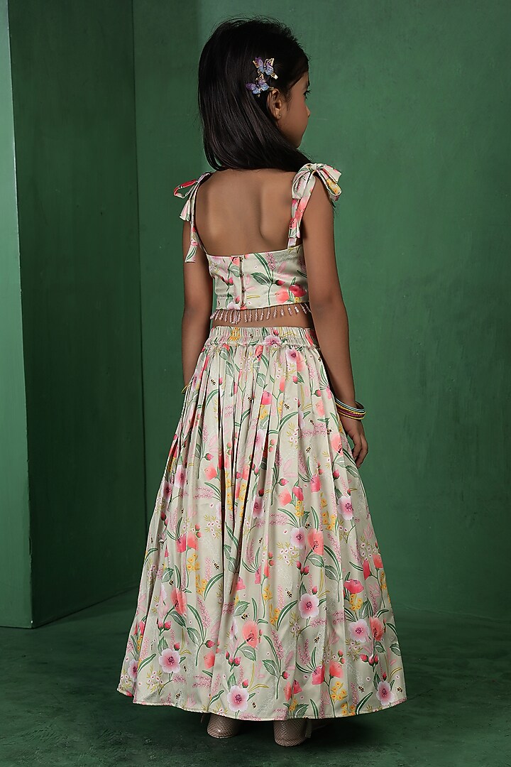 Green Modal Satin Printed Lehenga Set For Girls by Tiny Town Studio at Pernia's Pop Up Shop