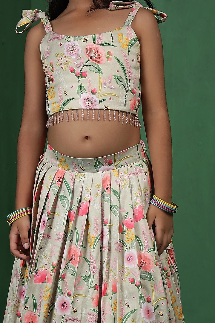 Green Modal Satin Printed Lehenga Set For Girls by Tiny Town Studio at Pernia's Pop Up Shop