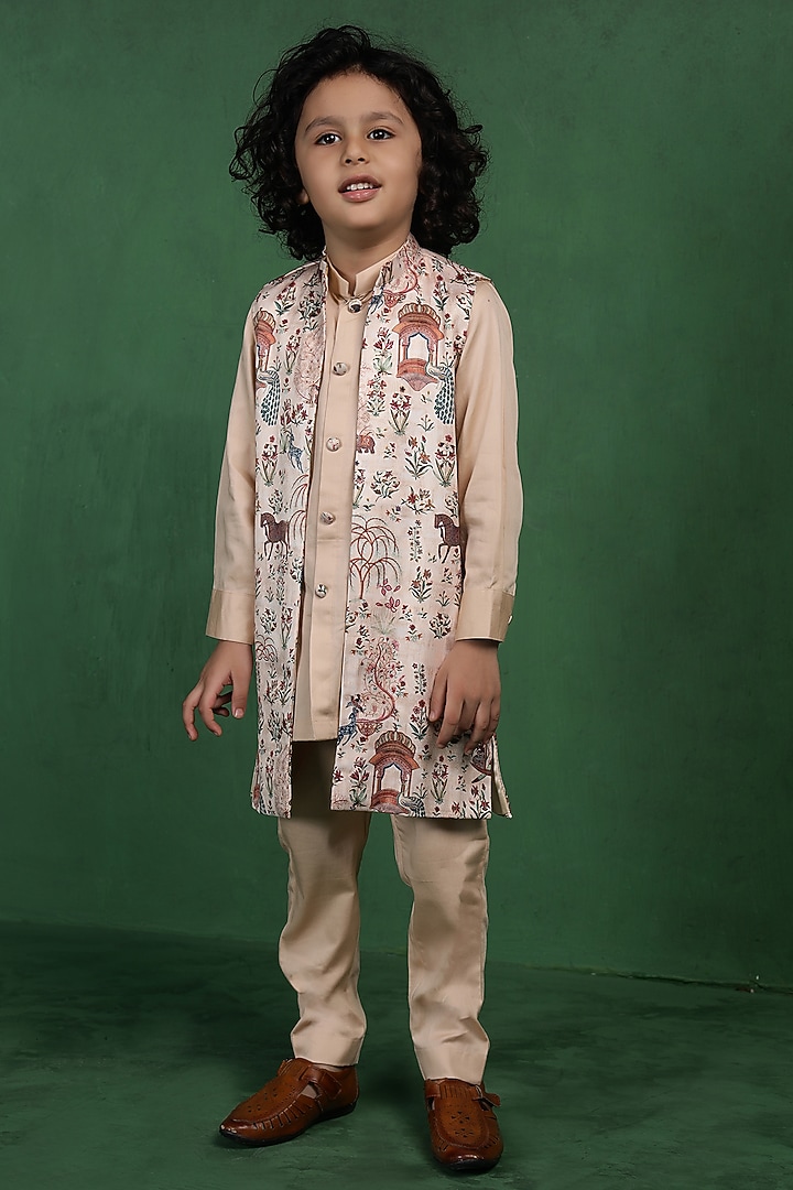 Beige Modal Satin Printed Jacket Set For Boys by Tiny Town Studio at Pernia's Pop Up Shop