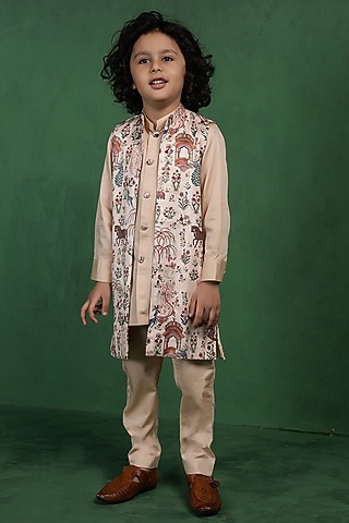 Beige Modal Satin Printed Jacket Set For Boys by Tiny Town Studio