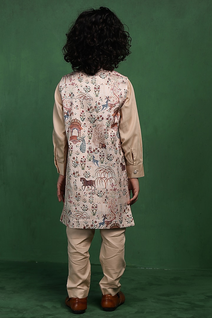 Beige Modal Satin Printed Jacket Set For Boys by Tiny Town Studio at Pernia's Pop Up Shop