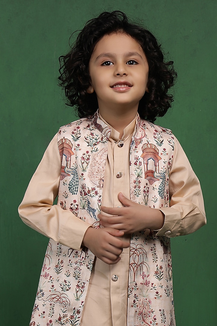 Beige Modal Satin Printed Jacket Set For Boys by Tiny Town Studio at Pernia's Pop Up Shop