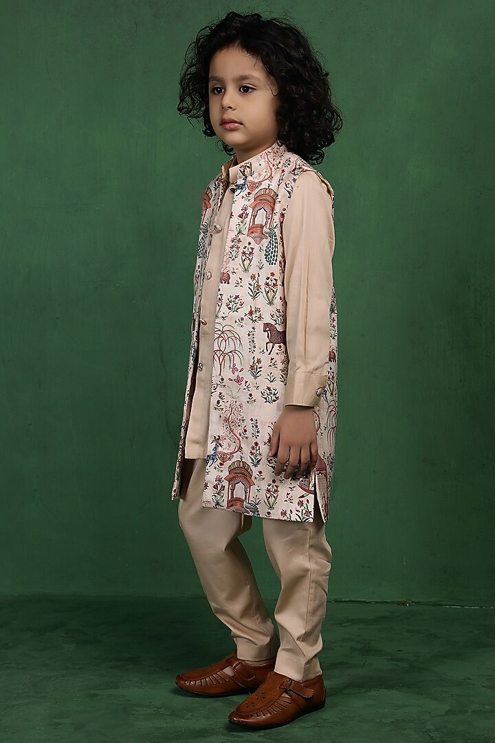 Beige Modal Satin Printed Jacket Set For Boys by Tiny Town Studio at Pernia's Pop Up Shop