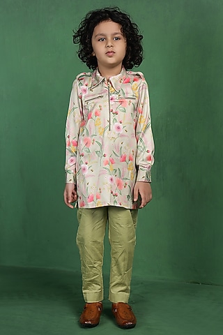 Green Modal Satin Printed Kurta Set For Boys by Tiny Town Studio