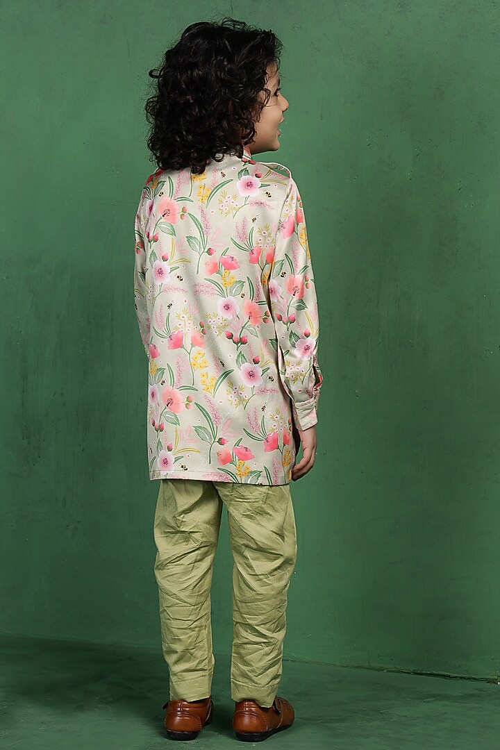 Green Modal Satin Printed Kurta Set For Boys by Tiny Town Studio at Pernia's Pop Up Shop
