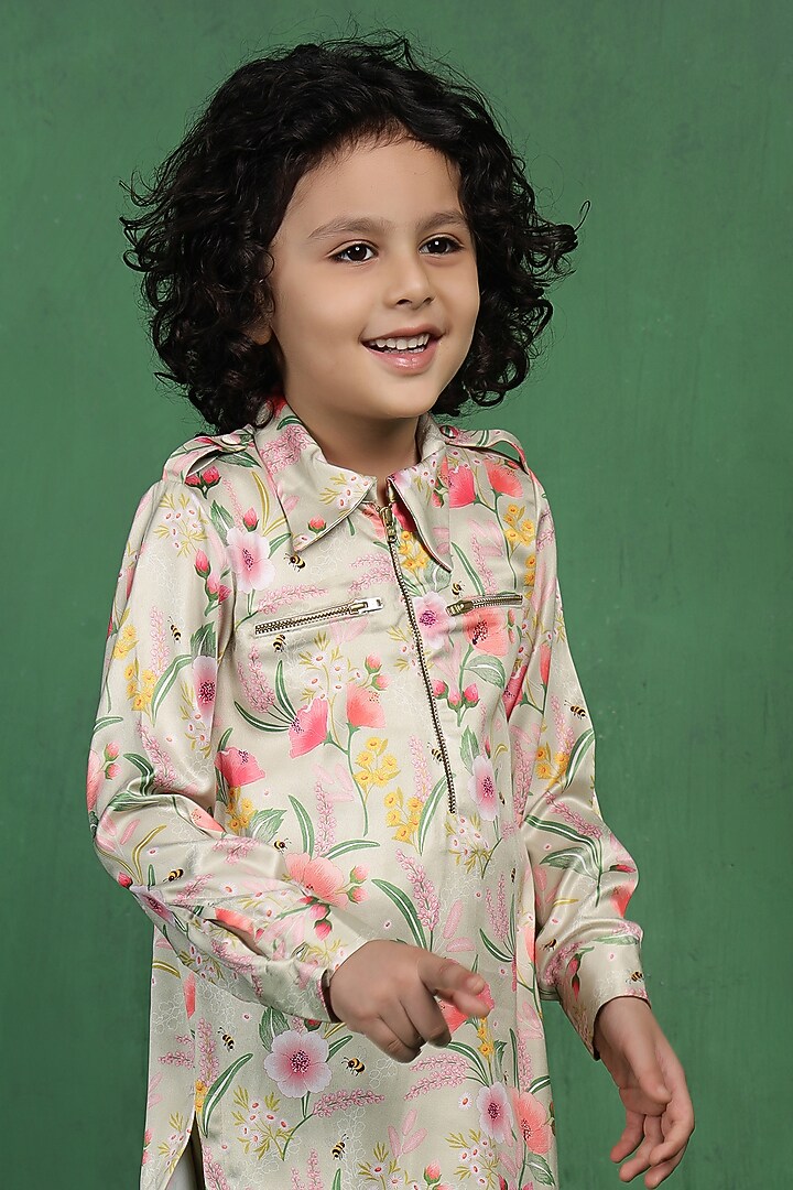 Green Modal Satin Printed Kurta Set For Boys by Tiny Town Studio at Pernia's Pop Up Shop