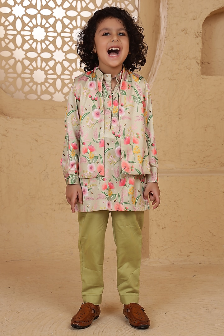 Green Modal Satin Printed Jacket Set For Boys by Tiny Town Studio at Pernia's Pop Up Shop