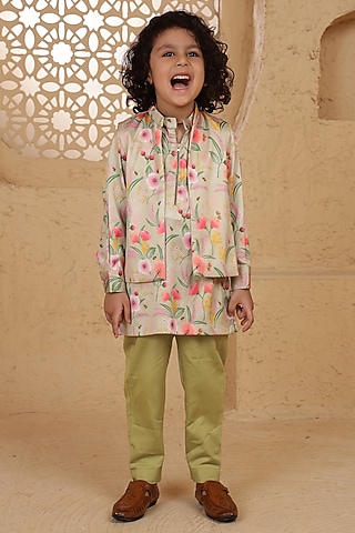 Green Modal Satin Printed Jacket Set For Boys by Tiny Town Studio