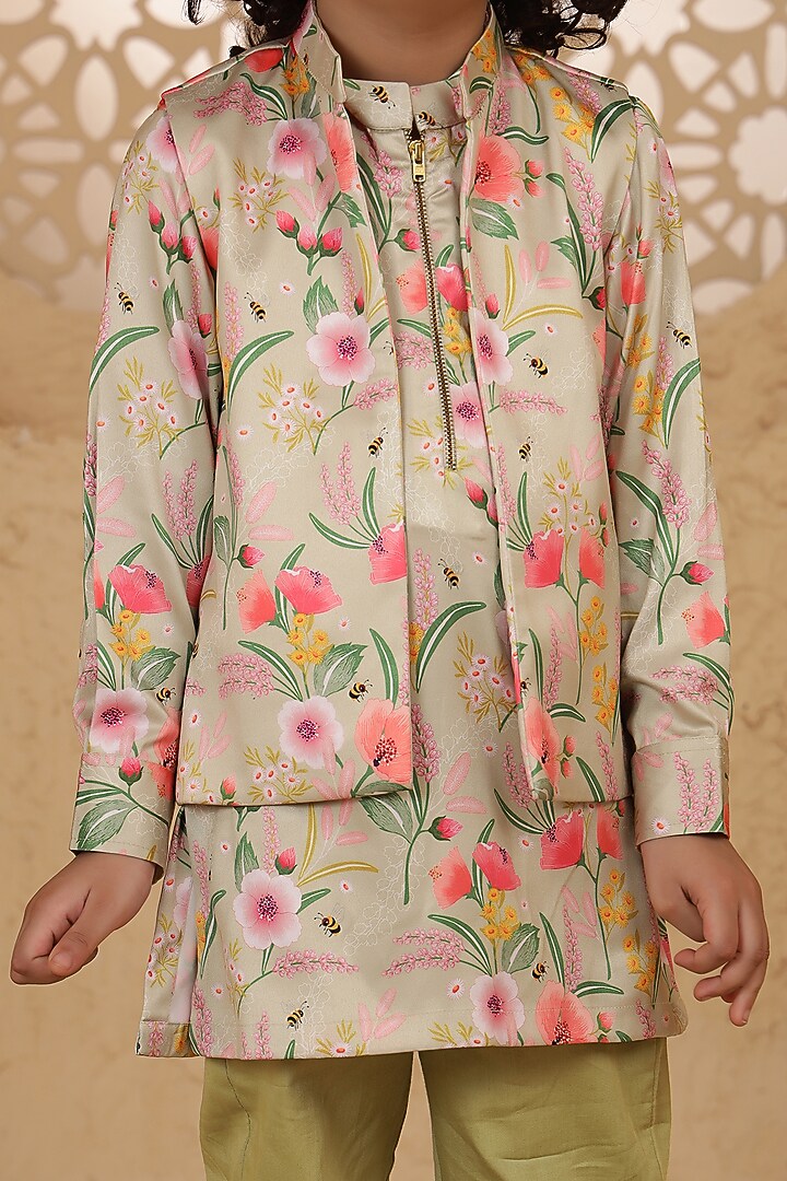 Green Modal Satin Printed Jacket Set For Boys by Tiny Town Studio at Pernia's Pop Up Shop