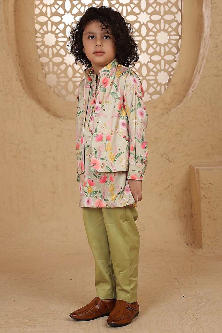 Green Modal Satin Printed Jacket Set For Boys by Tiny Town Studio at Pernia's Pop Up Shop