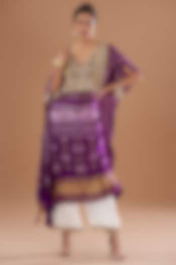 Purple Handloom Mashru Silk Embroidered & Bandhani Printed Kaftan Set by Tisha Saksena
