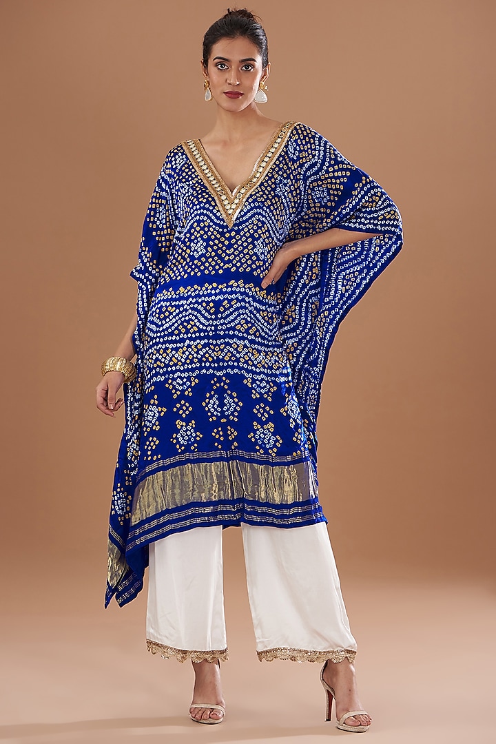 Blue Handloom Mashru Silk Embroidered & Bandhani Printed Kaftan Set by Tisha Saksena