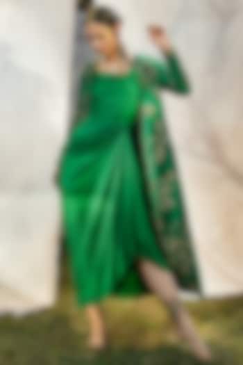 Emerald Green Embroidered Jacket Dress by Tisha Saksena