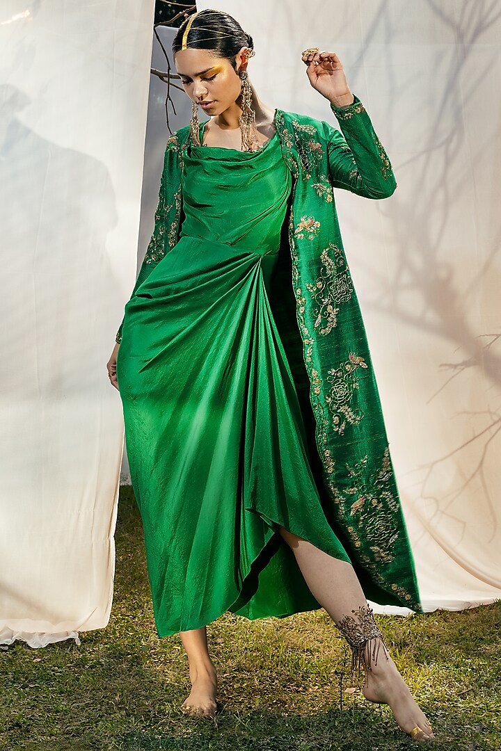 Emerald Green Embroidered Jacket Dress by Tisha Saksena