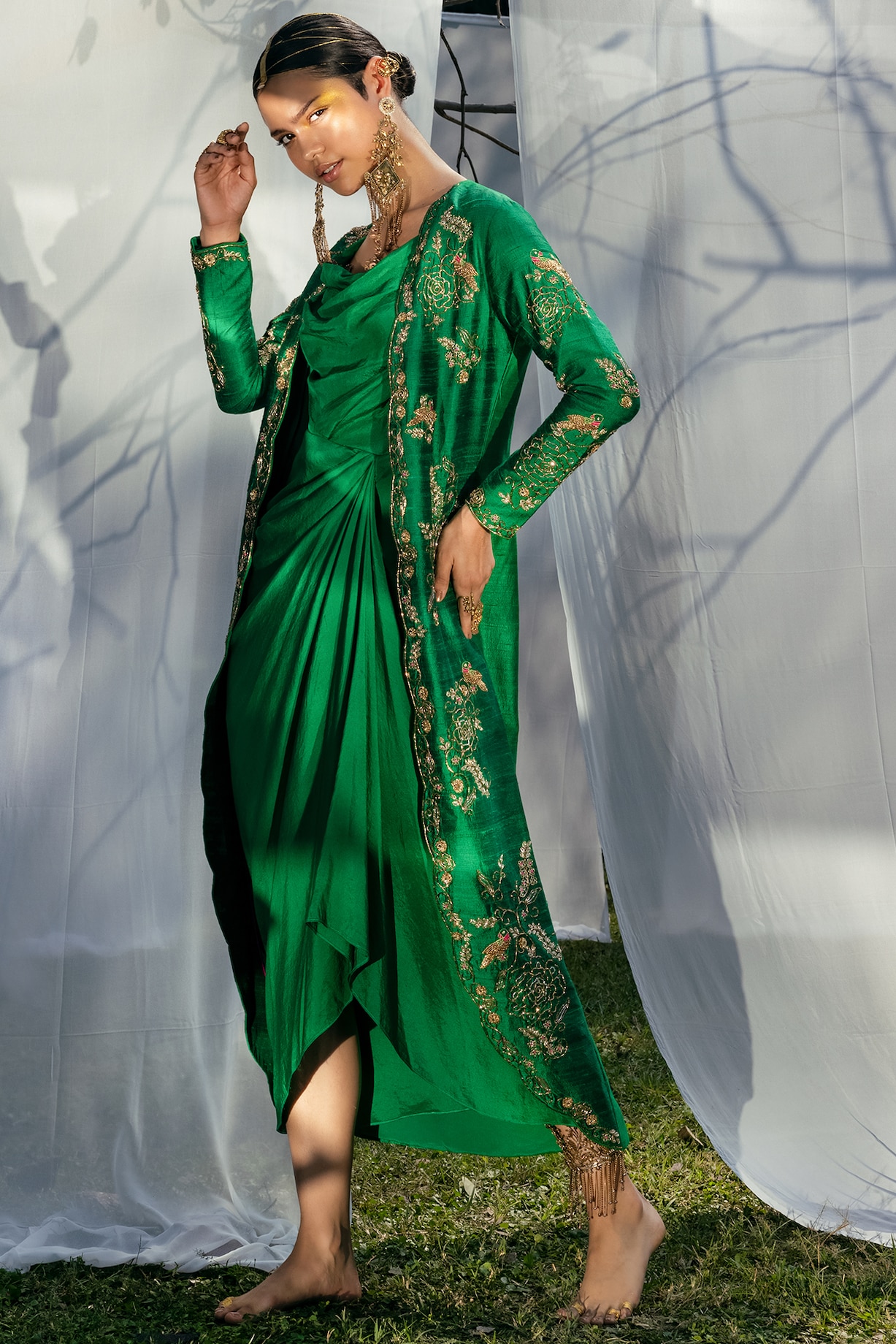 Emerald Green Dupion Silk Hand Embroidered Jacket Draped Dress by