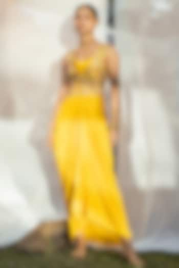 Yellow Dupion Silk Draped Dress by Tisha Saksena at Pernia's Pop Up Shop