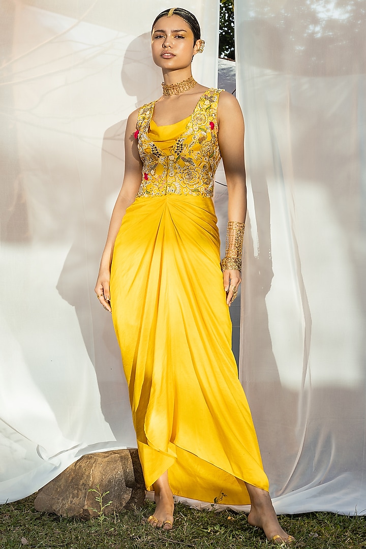 Yellow Dupion Silk Draped Dress by Tisha Saksena at Pernia's Pop Up Shop