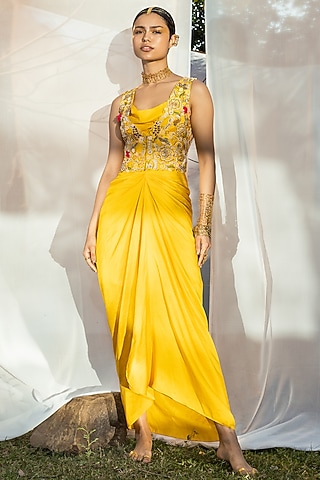 Yellow Dupion Silk Draped Dress by Tisha Saksena
