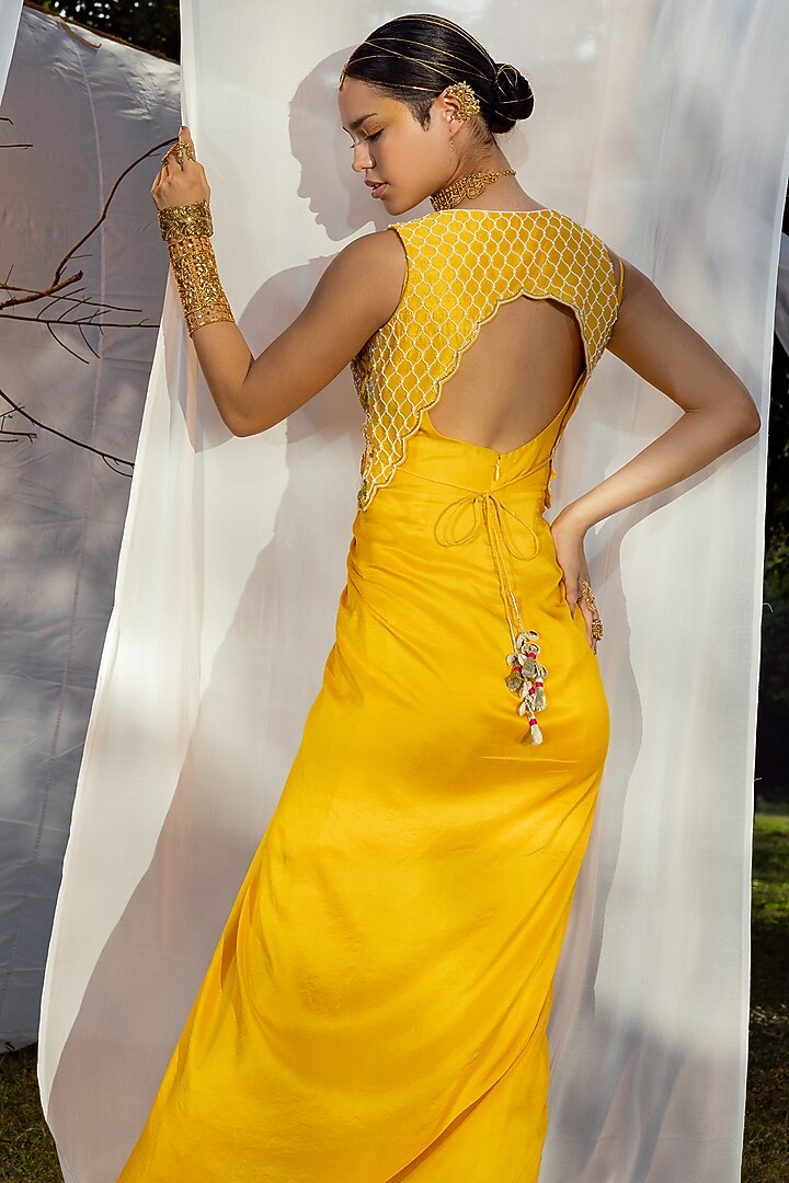 Yellow Dupion Silk Draped Party Wear Dress by Tisha Saksena at Pernia's Pop Up Shop