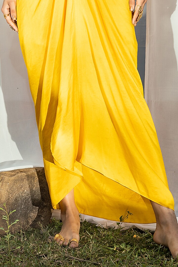 Yellow Dupion Silk Draped Party Wear Dress by Tisha Saksena at Pernia's Pop Up Shop