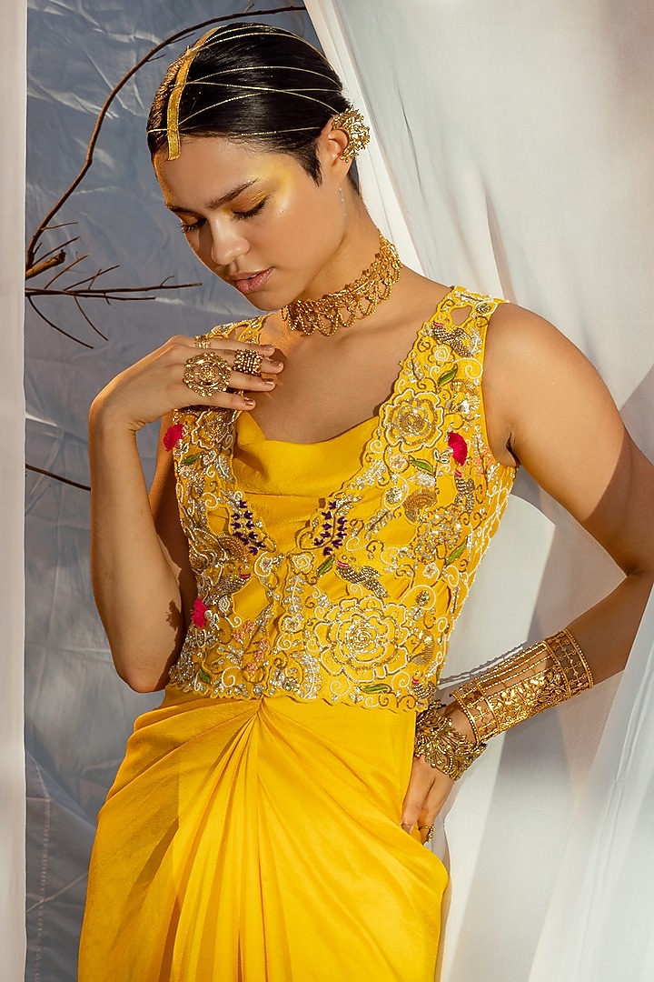 Yellow Dupion Silk Draped Party Wear Dress by Tisha Saksena at Pernia's Pop Up Shop