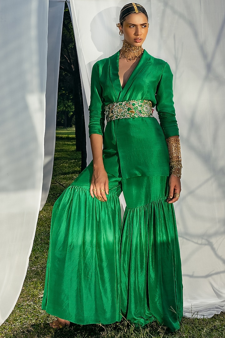 Emerald Green Dupion Silk Gharara Set by Tisha Saksena