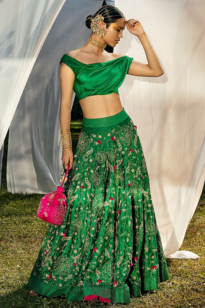 Emerald Green Zardosi-Embroidered Lehenga Set by Tisha Saksena