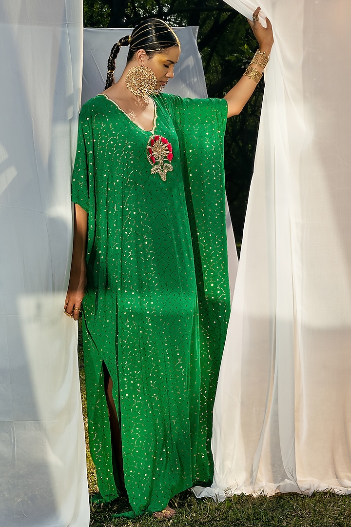 Emerald Green Zardosi-Embroidered Kaftan by Tisha Saksena