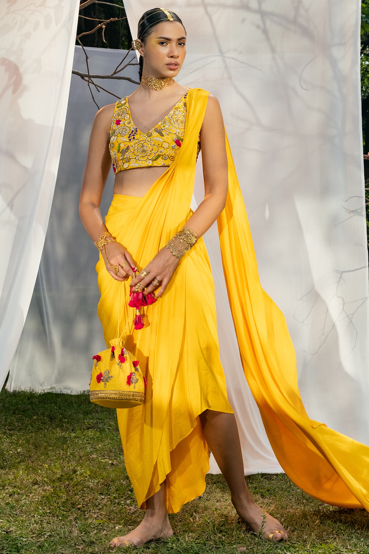 $39 - $52 - Yellow Ruffle Georgette Satin Saree and Yellow Ruffle Georgette  Satin Sari Online Shopping