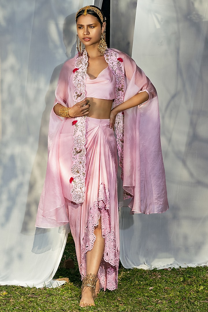 Rose Pink Embroidered Cape Set by Tisha Saksena at Pernia's Pop Up Shop