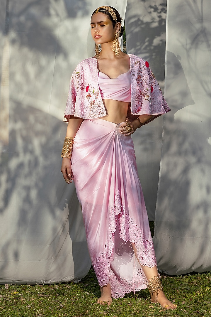 Rose Pink Raw Silk Cape Set by Tisha Saksena at Pernia's Pop Up Shop