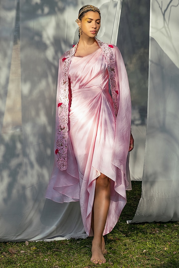 Rose Pink Embroidered Cape Dress by Tisha Saksena