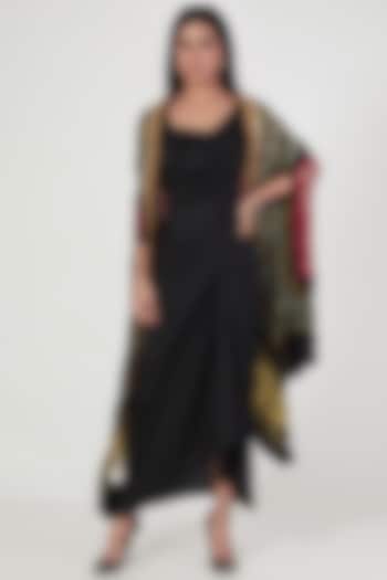 Black Draped Dress With Hand Embroidered Cape by Tisha Saksena