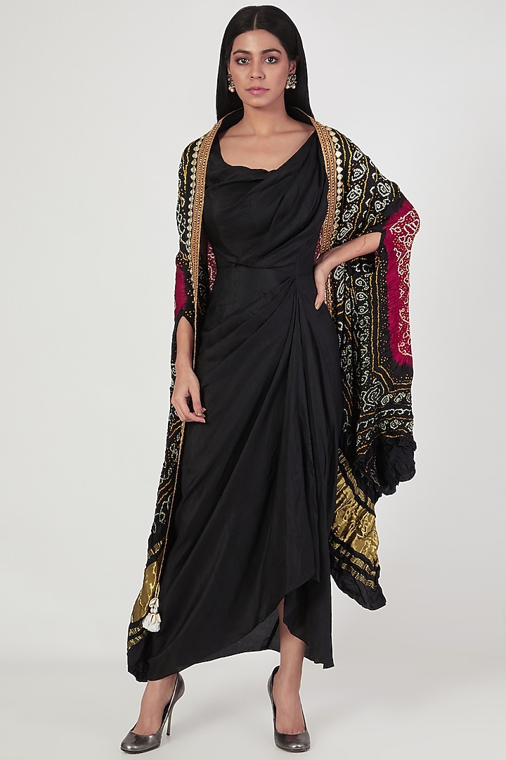 Black Draped Dress With Hand Embroidered Cape by Tisha Saksena