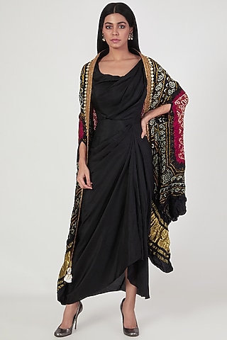 Black Draped Dress With Hand Embroidered Cape by Tisha Saksena