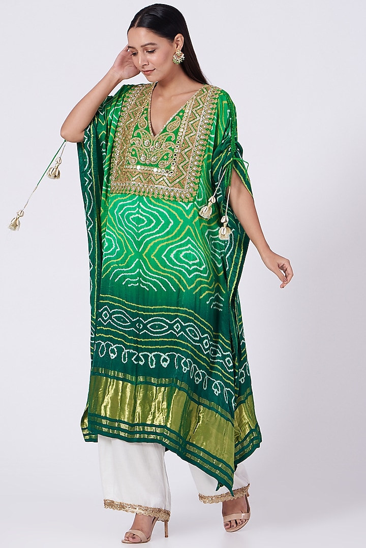 Green Printed & Embroidered Kaftan Set by Tisha Saksena