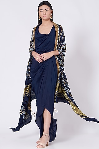 Navy Blue Drape Dress With Cape by Tisha Saksena
