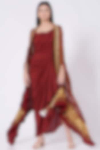 Maroon Drape Dress With Cape by Tisha Saksena