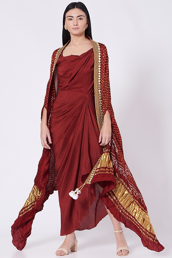 Maroon Drape Dress With Cape by Tisha Saksena