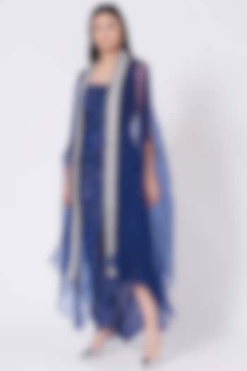 Navy Blue Drape Dress With Embroidered Cape by Tisha Saksena